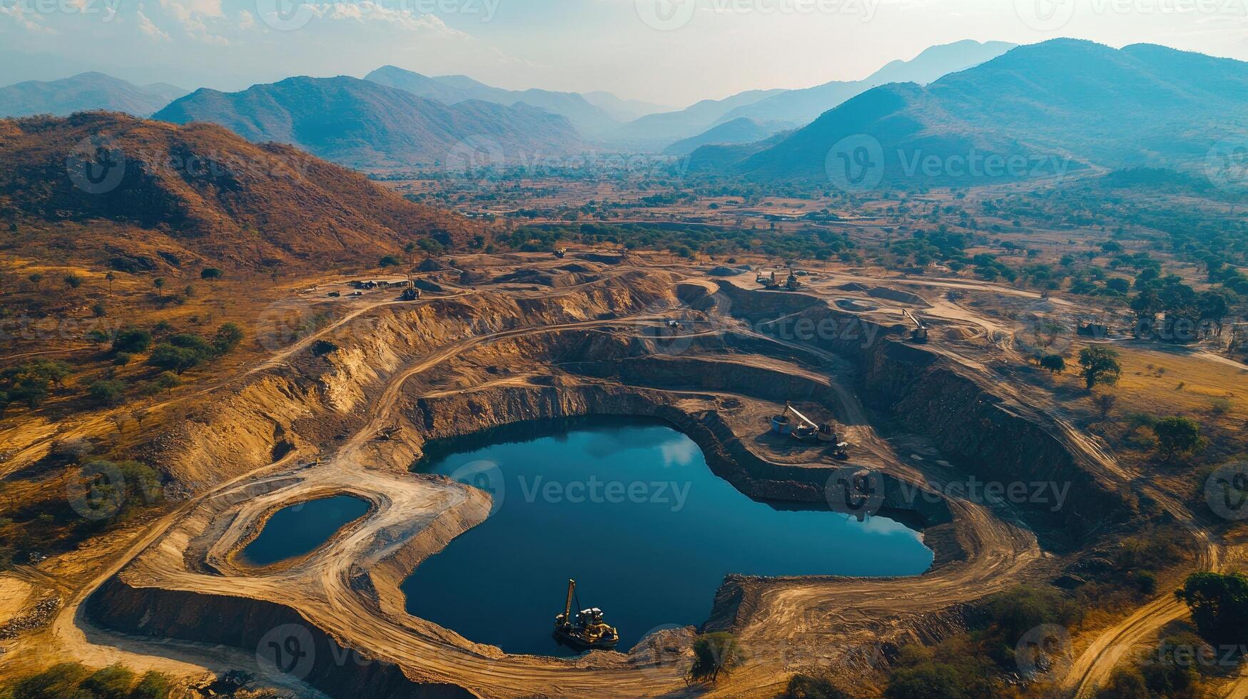 Excavators working in an open pit mine creating a turquoise lake in a mountainous landscape photo