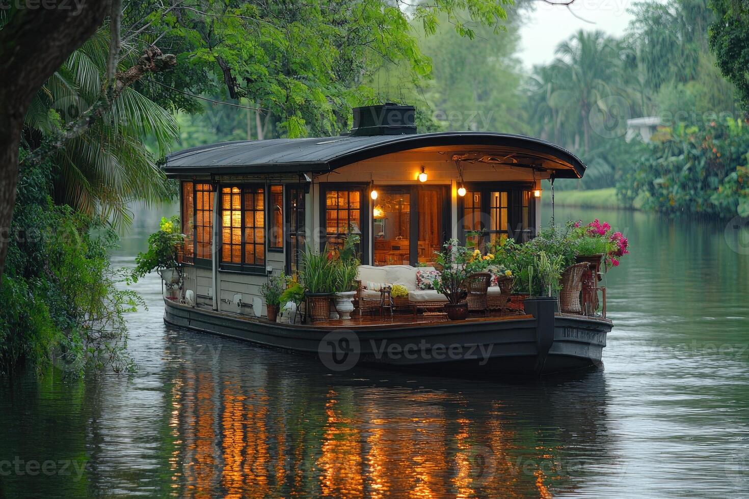 Floating house reflecting on calm water at sunset with illuminated interior.. photo