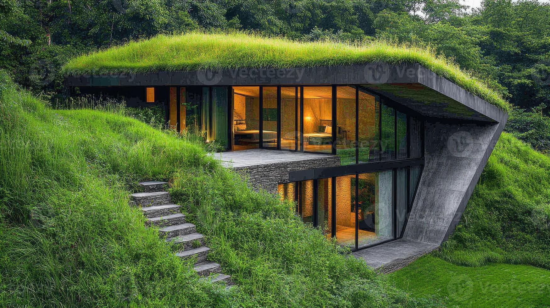 Modern green roofed house blending into nature's lush embrace photo