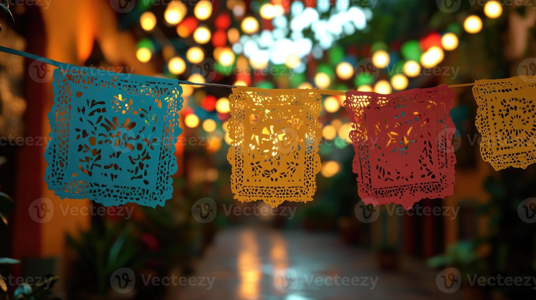 Papel picado hanging at dusk creating festive atmosphere.. photo