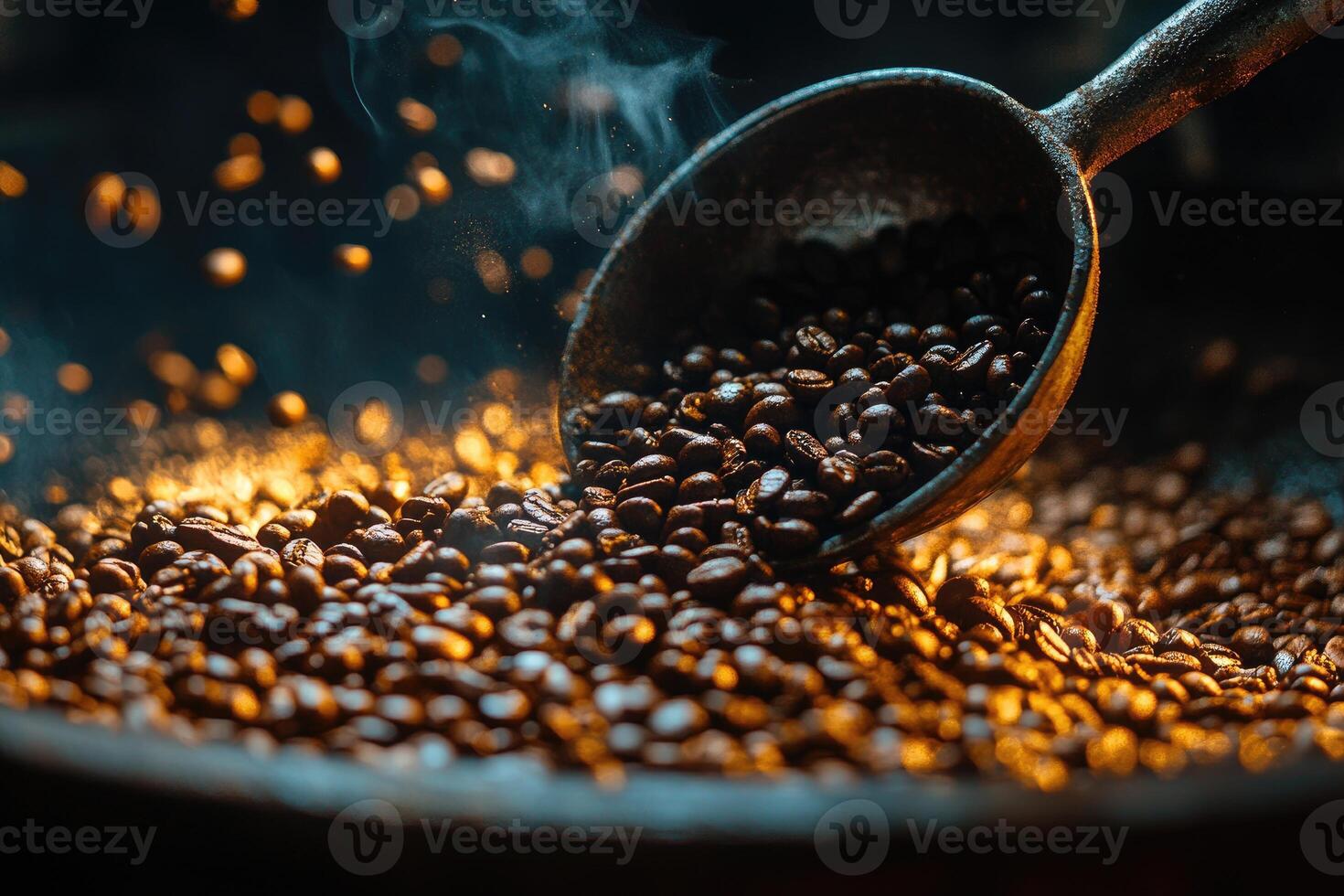 Roasting coffee beans with metal scoop and steam in slow motion photo