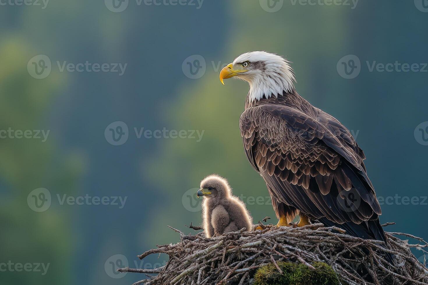 Bald eagle and eaglet resting in nest photo