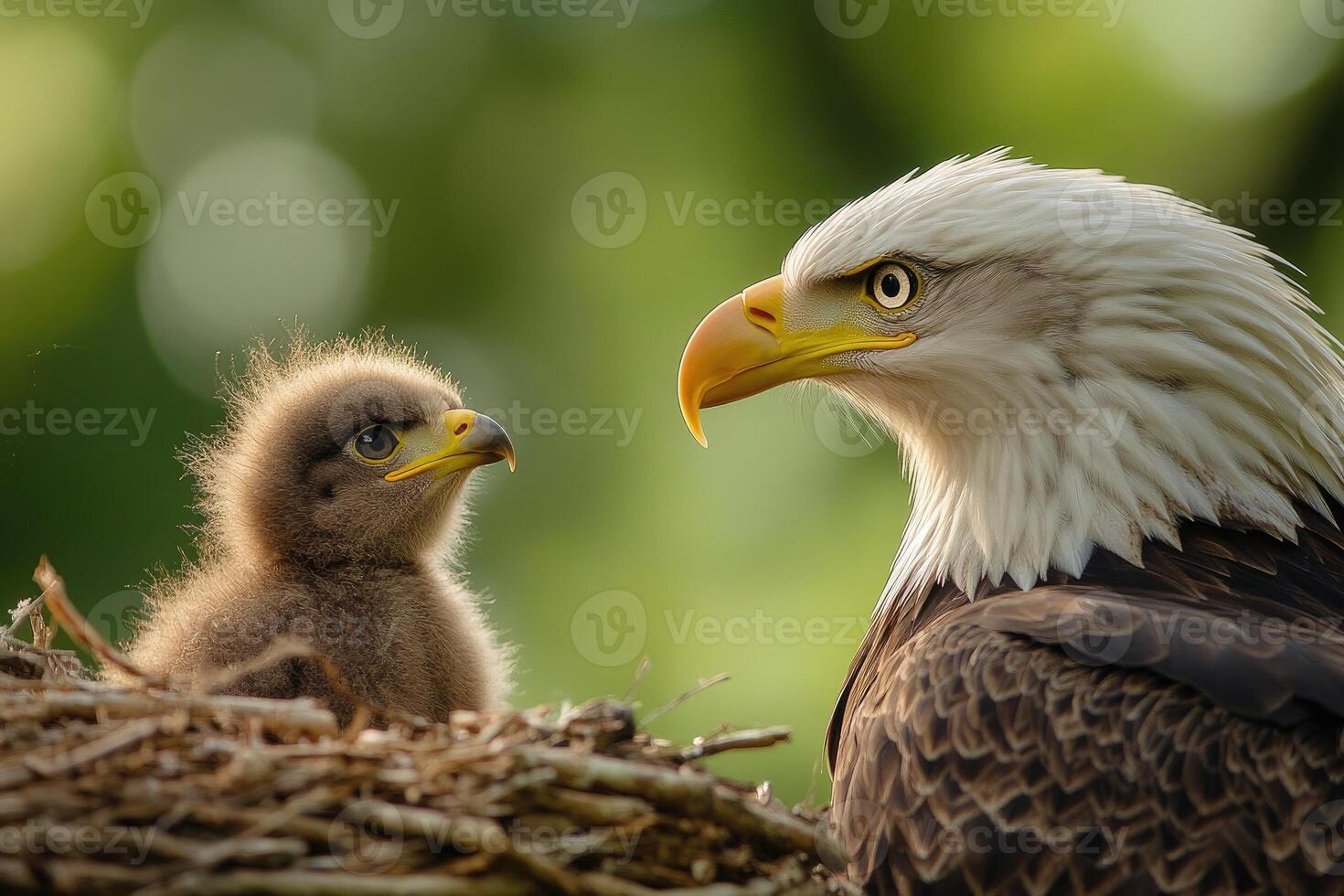 Bald eagle and chick sharing a tender moment in nest photo