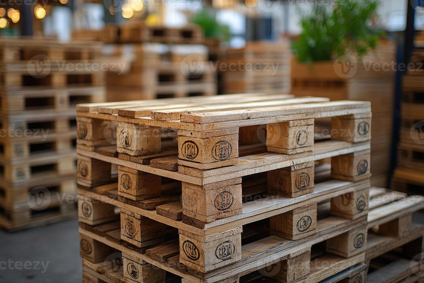 Stacked wooden pallets creating storage structure in warehouse setting photo