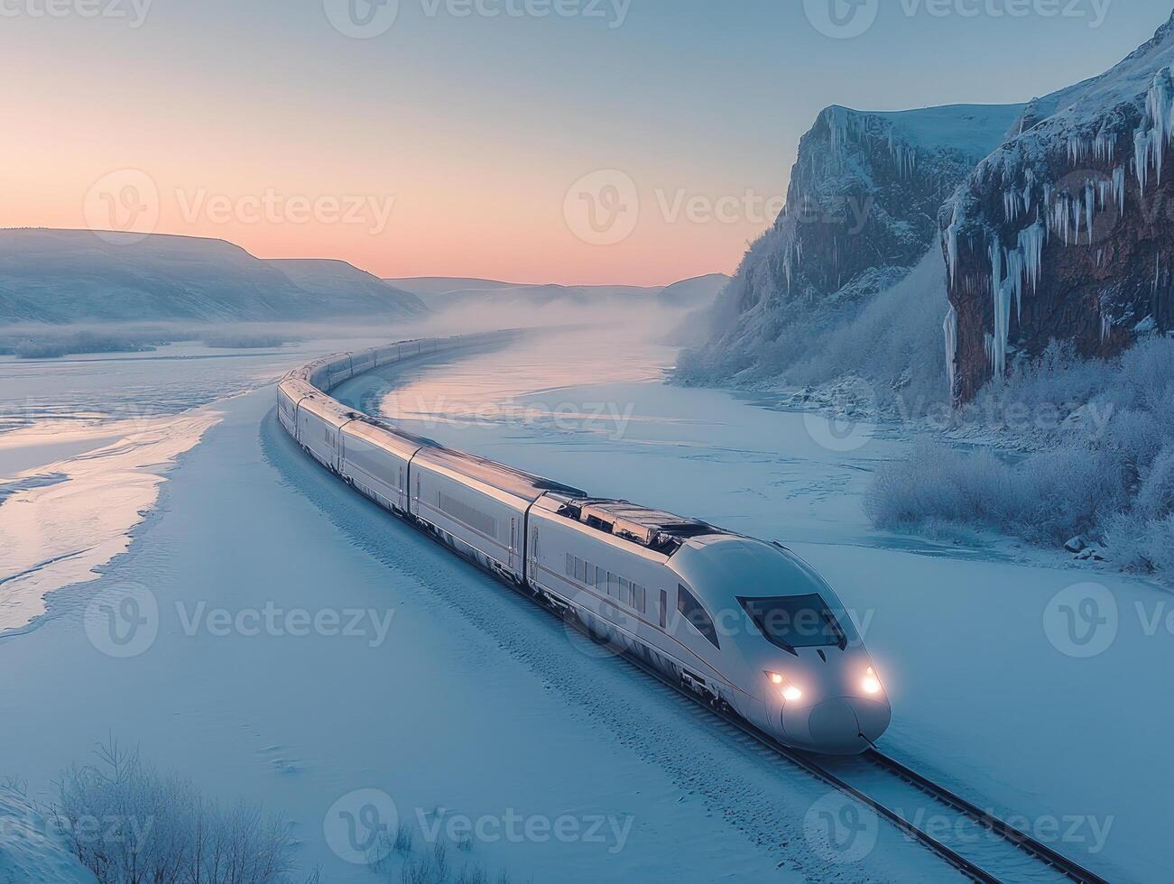 High-speed train running through snowy mountain. photo