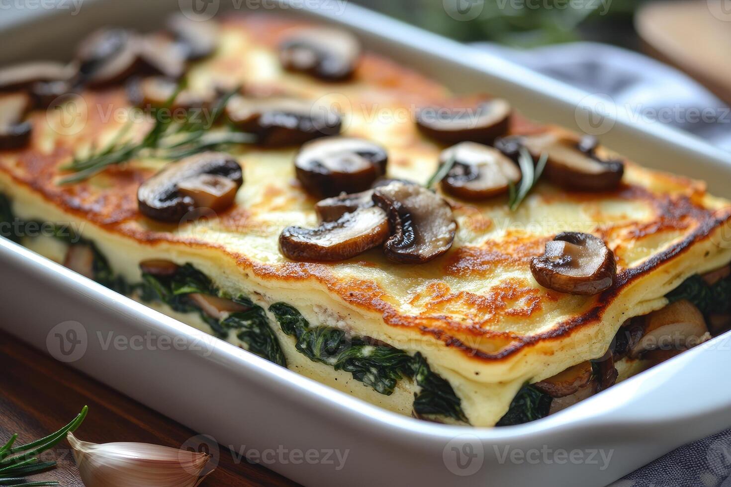 Delicious spinach and mushroom lasagna with golden brown topping photo