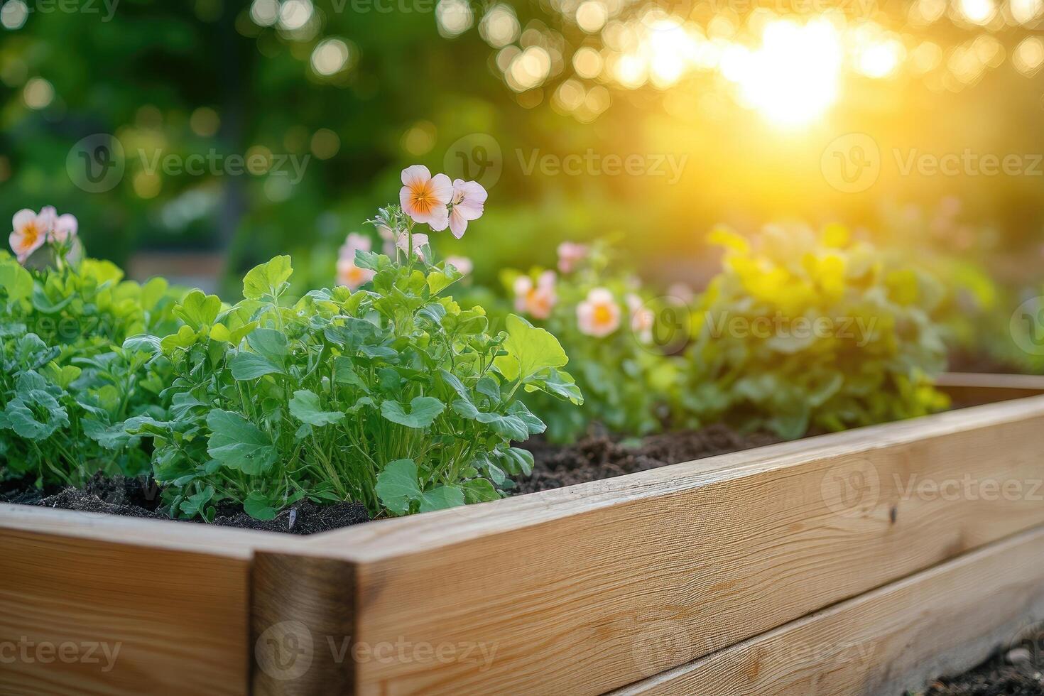 Growing plants and flowers in raised garden bed at sunset photo