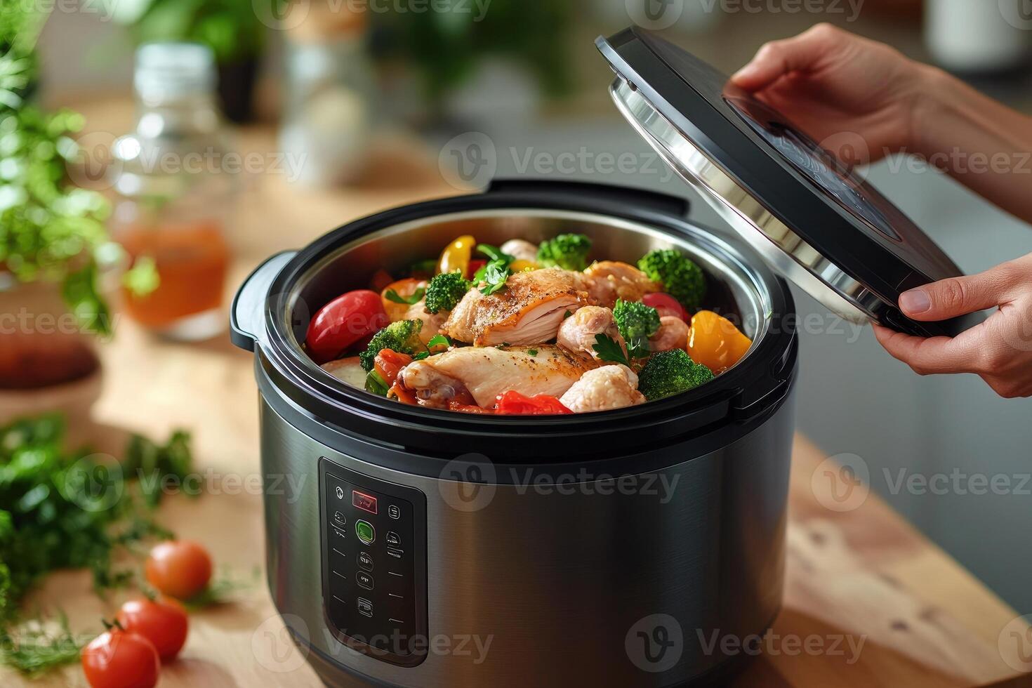 Modern multicooker preparing chicken and vegetables, opening lid showing delicious meal photo