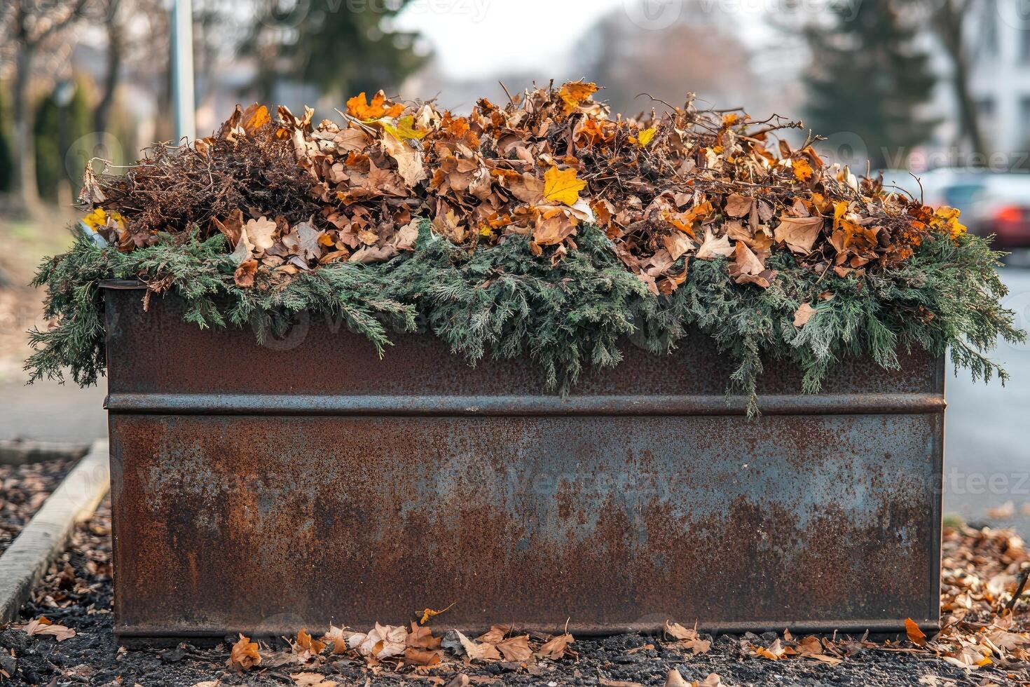 Rusty metal container overflowing with dry autumn leaves and branches photo