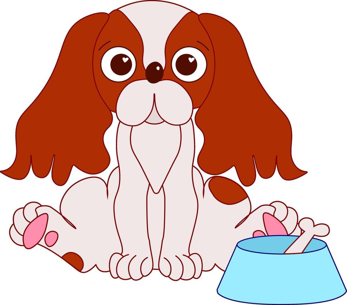 Dog with bowl and bone graphic line illustration. Cavalier king charles puppy spaniel vector