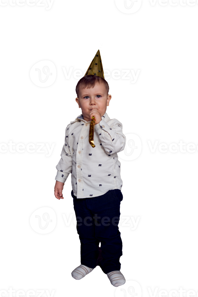 a toddler in a party caps blows a whistle flute png