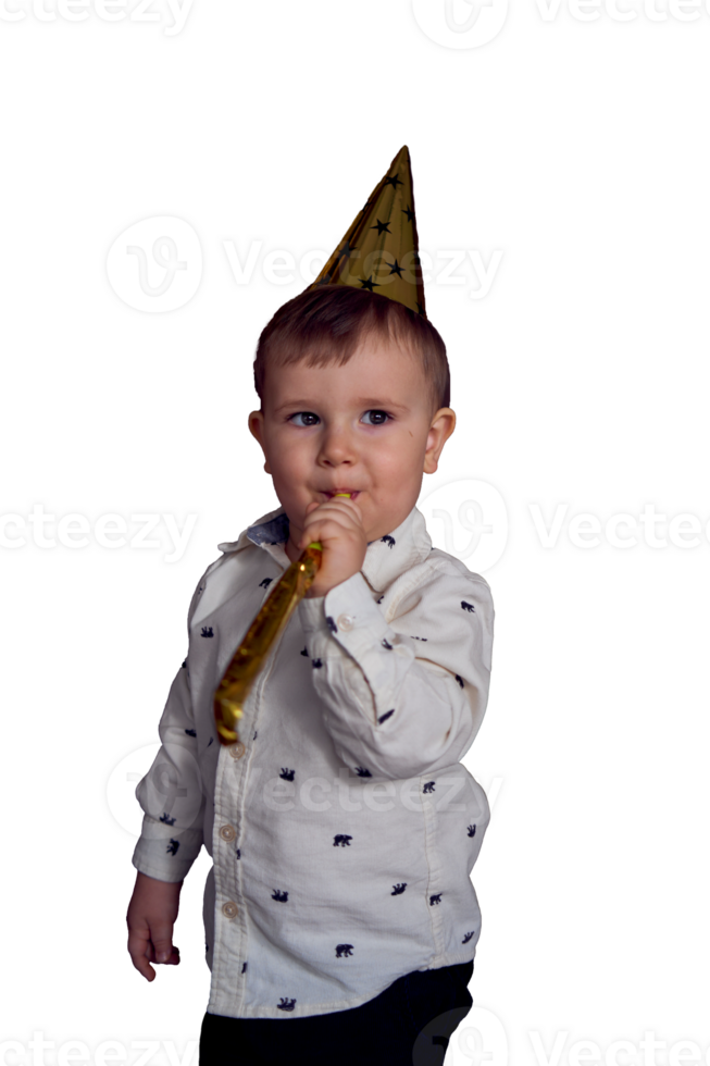 a toddler in a party cap blows the whistle flute png