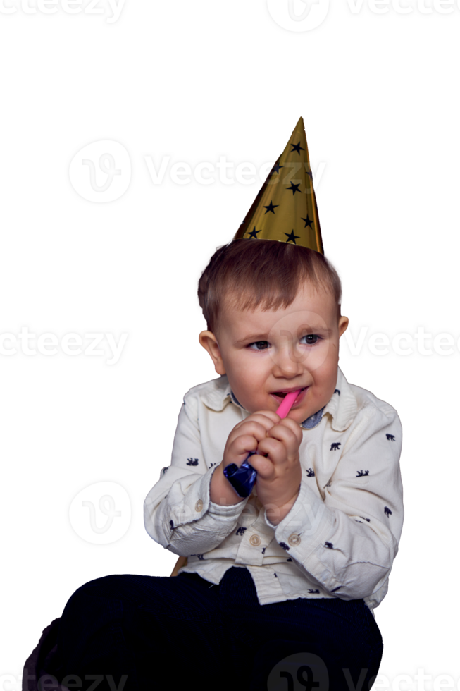 a toddler in a party cap blows whistle flute png