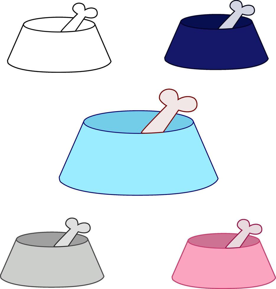 Cute dog bowl with bone graphic line illustration. four colors vector