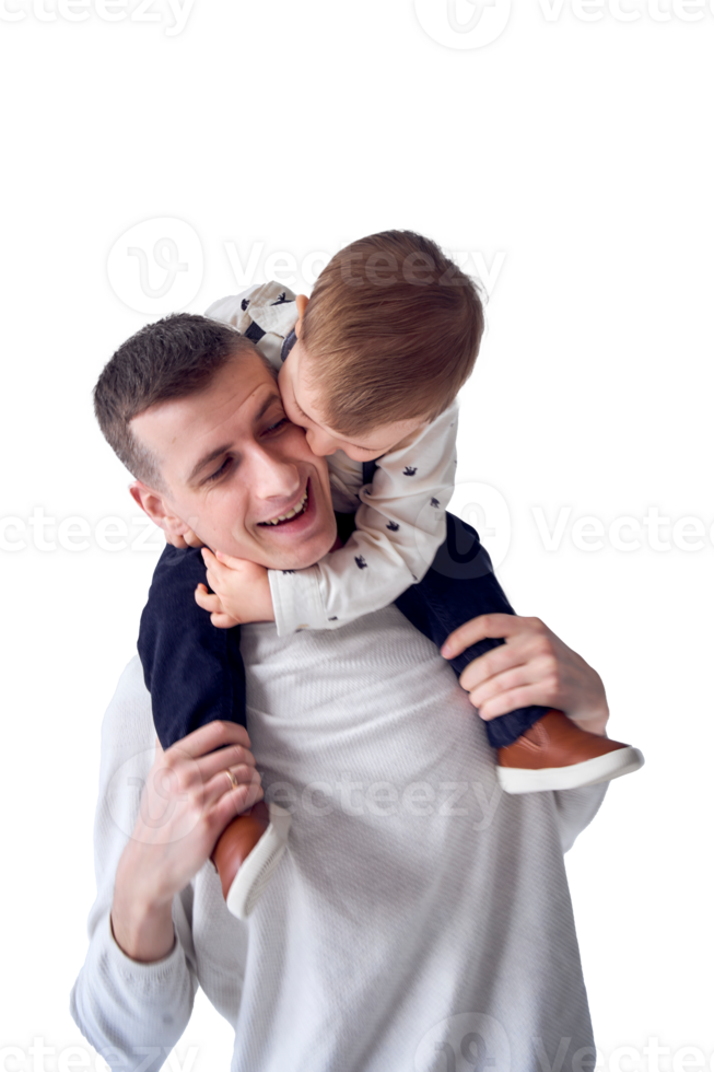 father carries his son in his arms and plays with him in a minimalist studio png