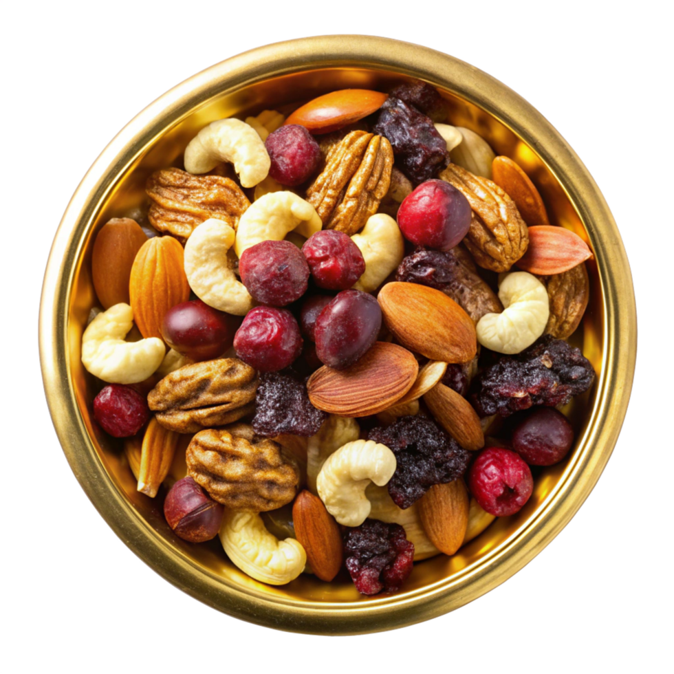 Mixed Nuts and Dry Fruits in Golden bowl isolated on transparent background png