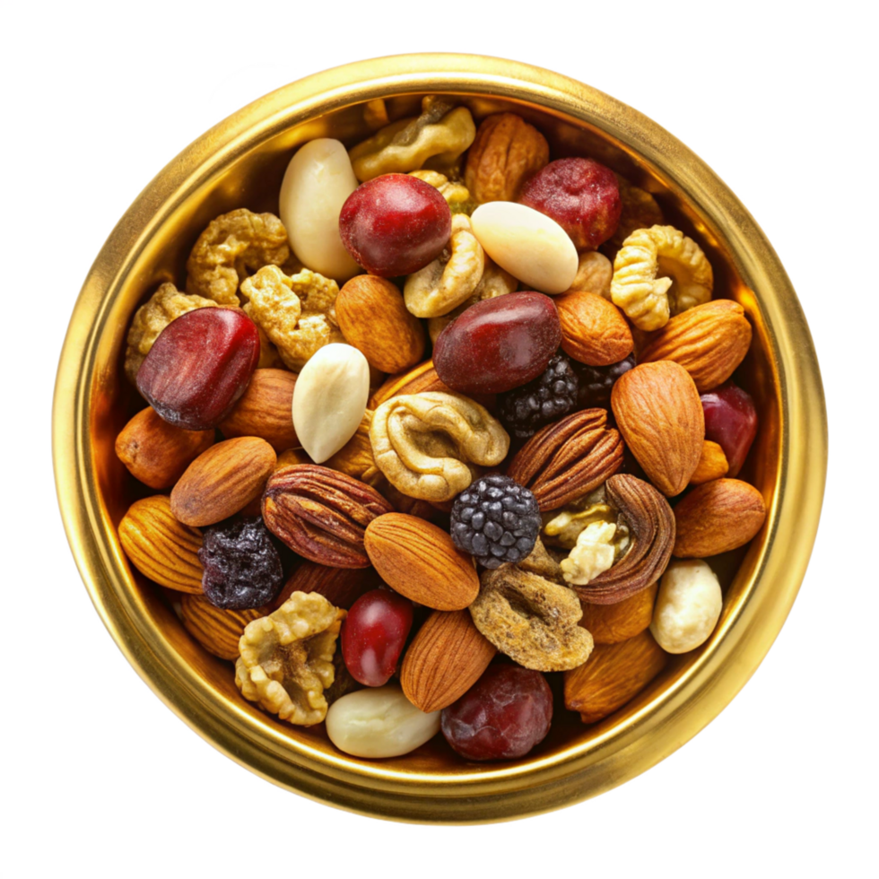 Mixed Nuts and Dry Fruits in Golden bowl on transparent background png