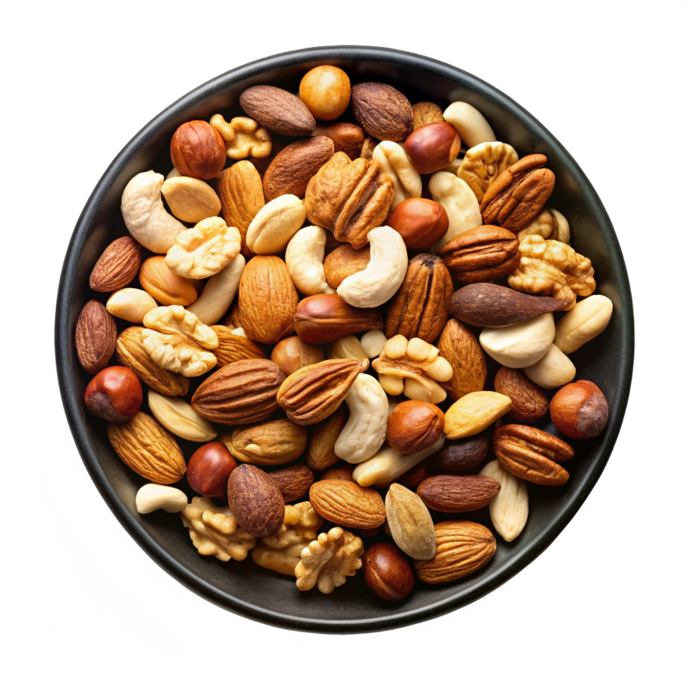 Top view of Mixed Nuts in a black bowl isolated on transparent background png