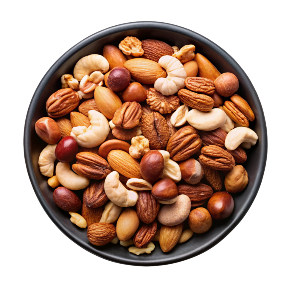 Mixed Nuts in a black bowl isolated on transparent background png
