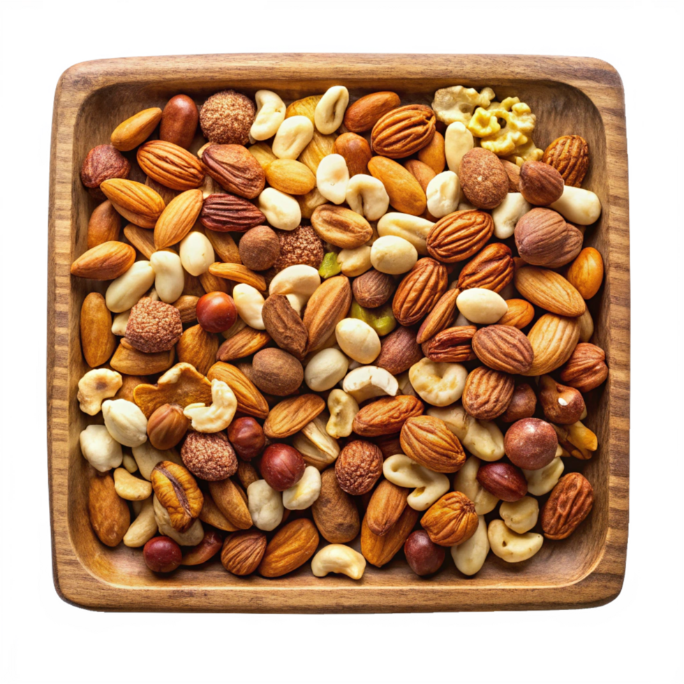 Mixed Nuts in a wooden plate isolated on transparent background png