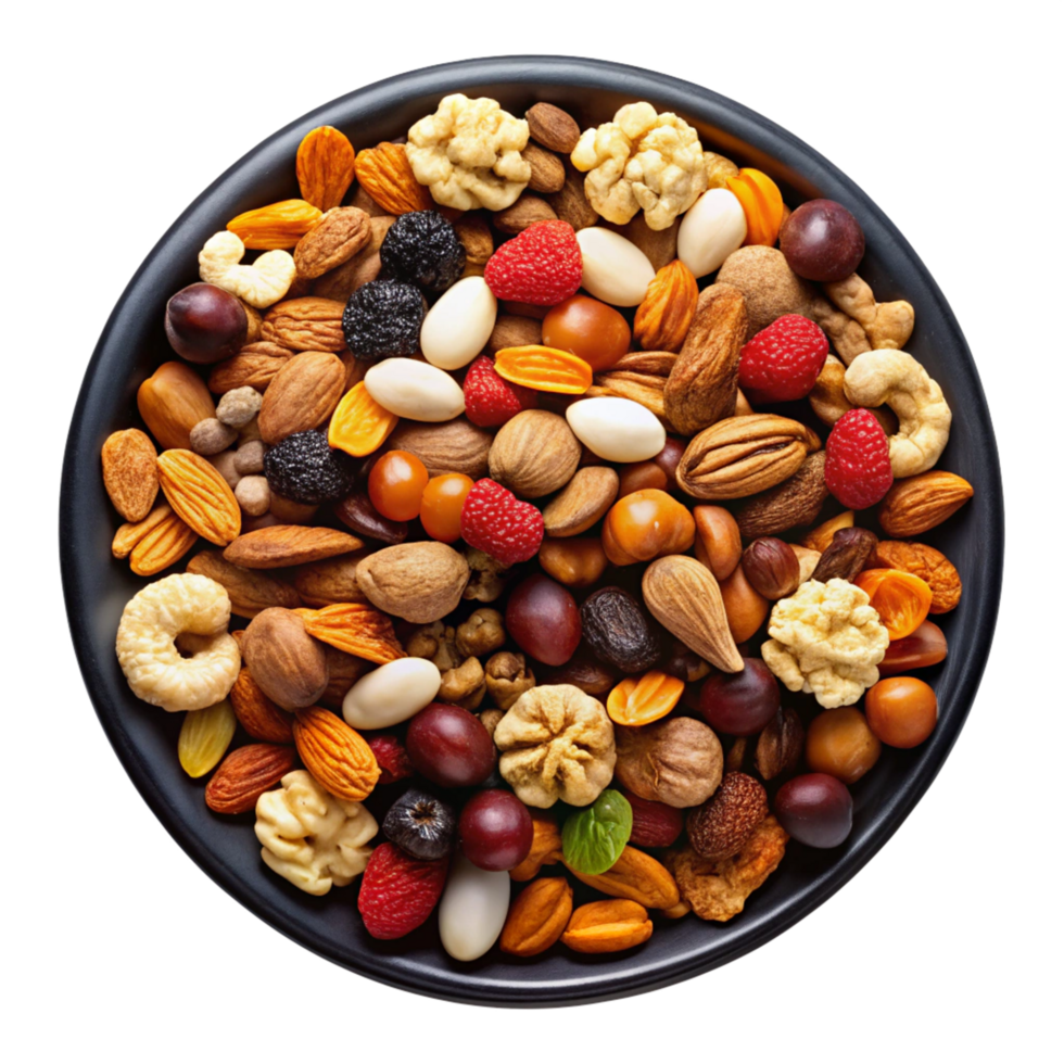 Mixed Nuts and Dry Fruits in Black bowl isolated on transparent background png