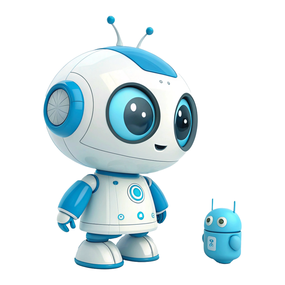 Cute Cartoon Robot with Big Blue Eyes and Miniature Companion in 3D Futuristic Toy Design png