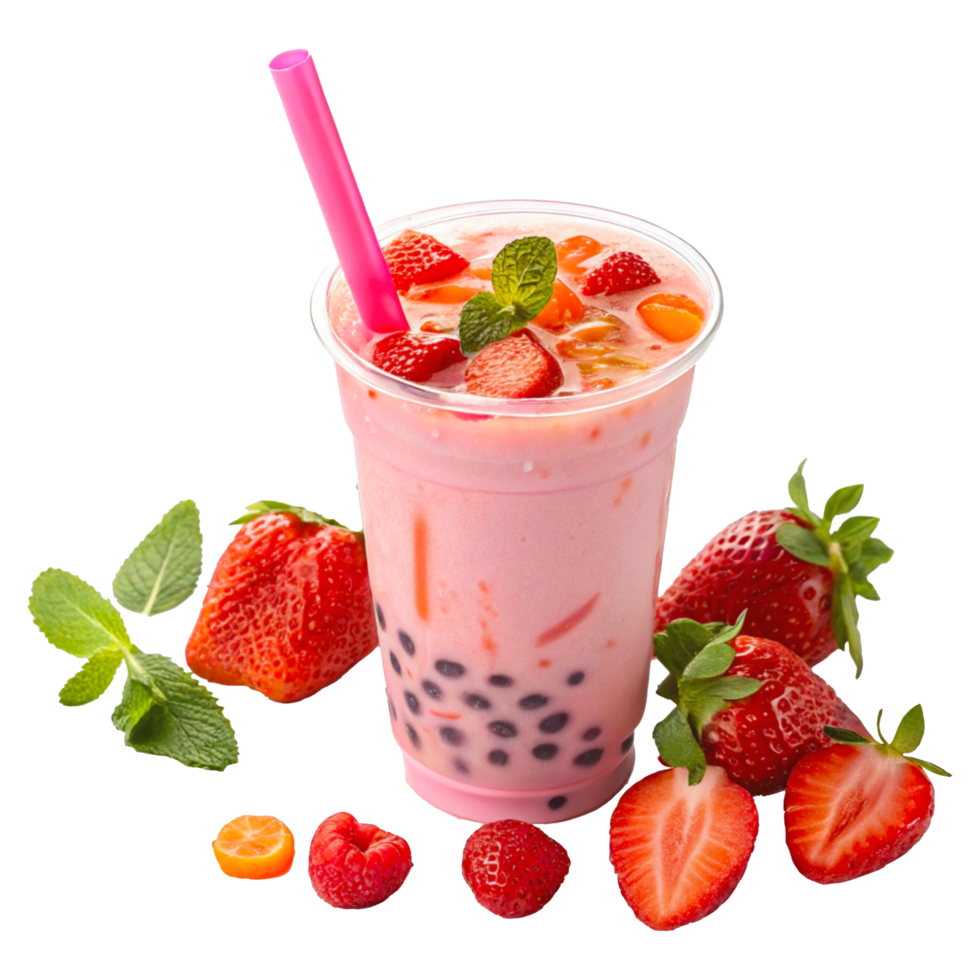 Vibrant Strawberry Bubble Tea with Pink Smoothie and Tapioca Pearls in Transparent Cup png