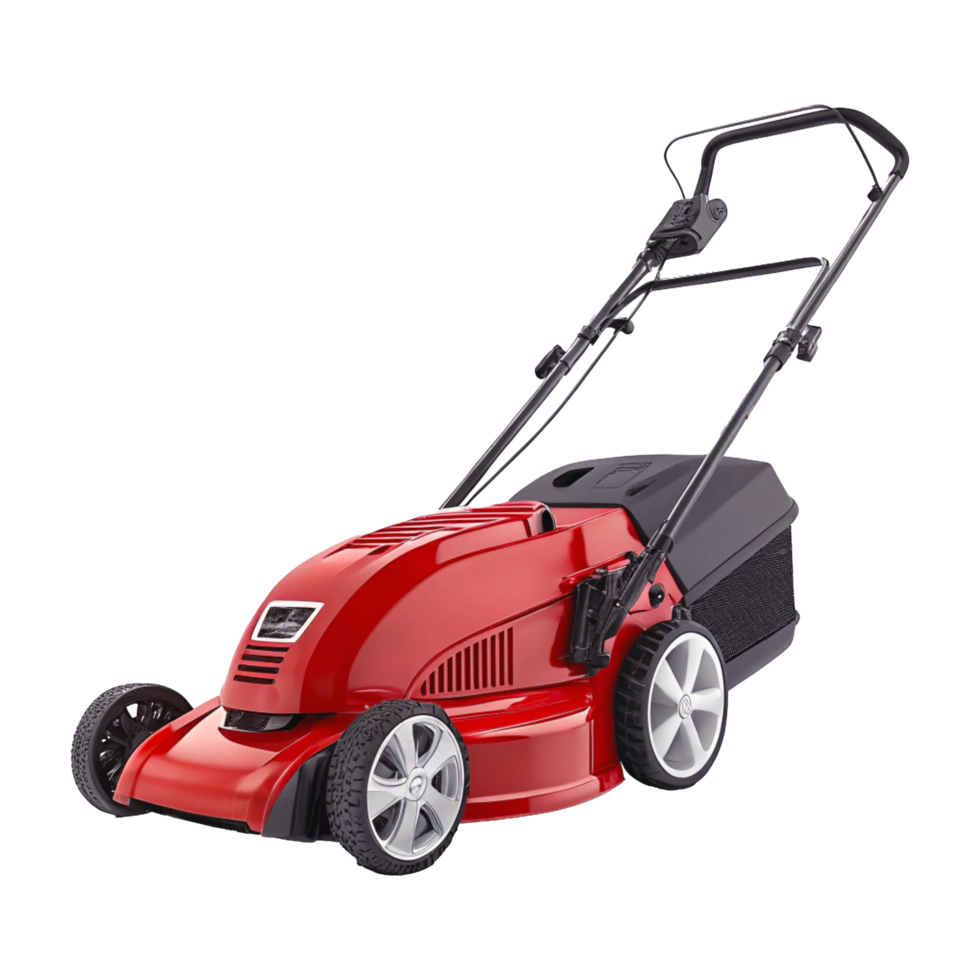 Red Electric Lawn Mower with Sleek Design and Black Handle png