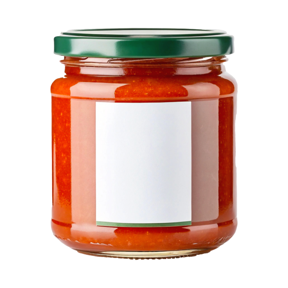Glass Jar of Red Tomato Sauce with Blank White Label and Green Lid png