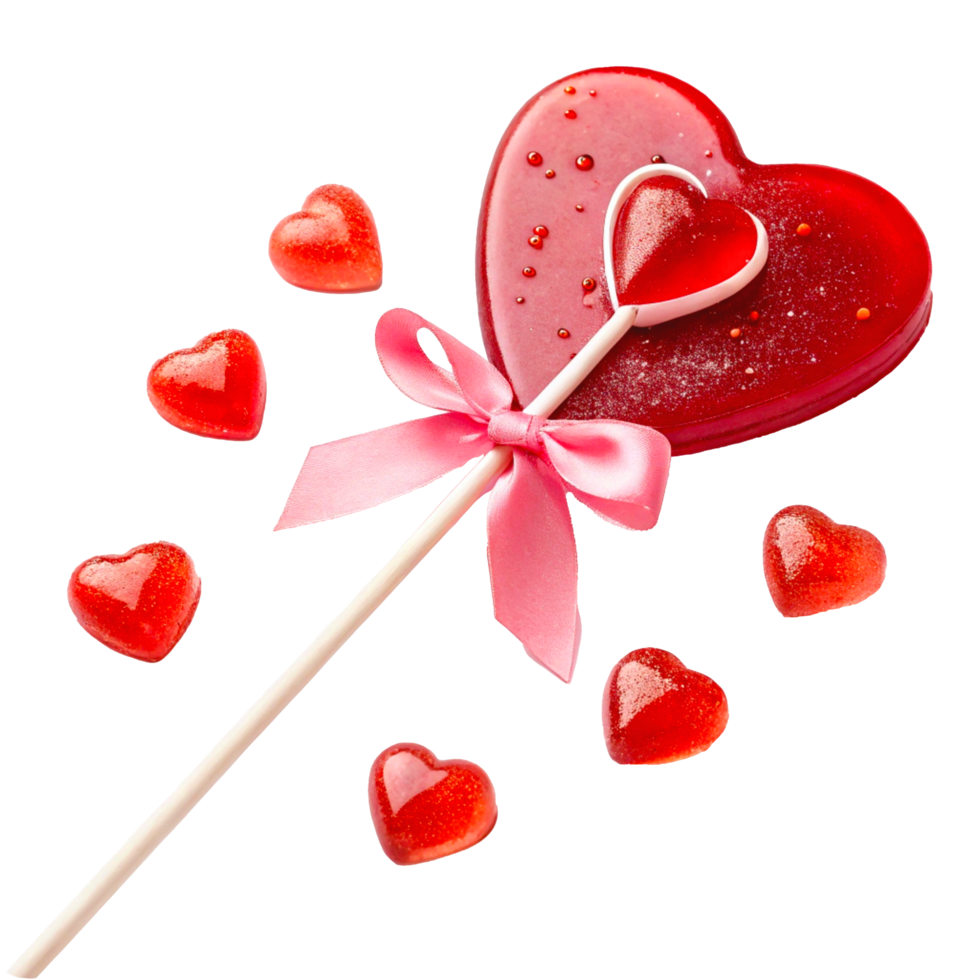 Heart-Shaped Lollipop with Red and Pink Candy and Pink Ribbon Bow png