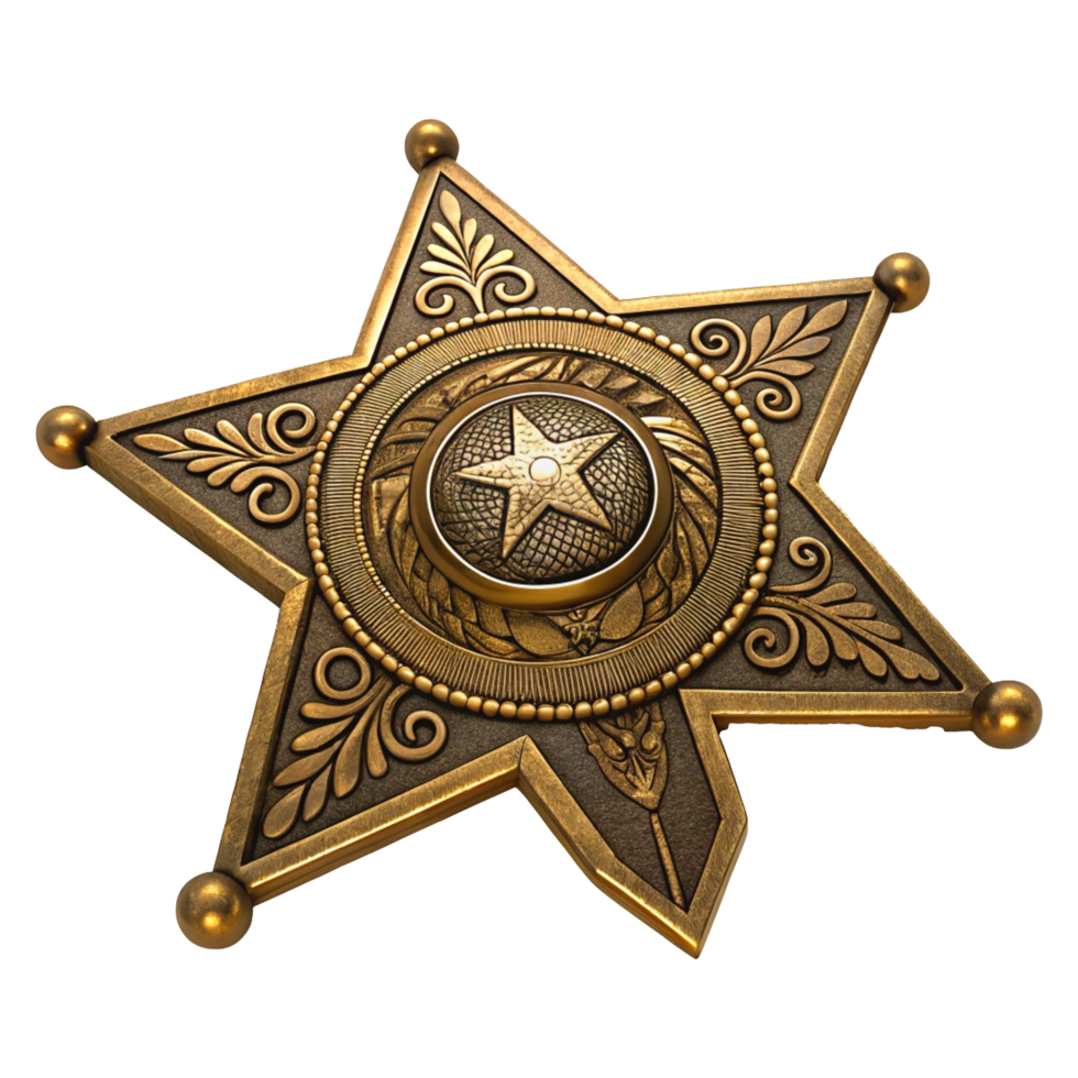 Vintage Brass Sheriff Badge with Intricate Engraved Details and Antique Patina png