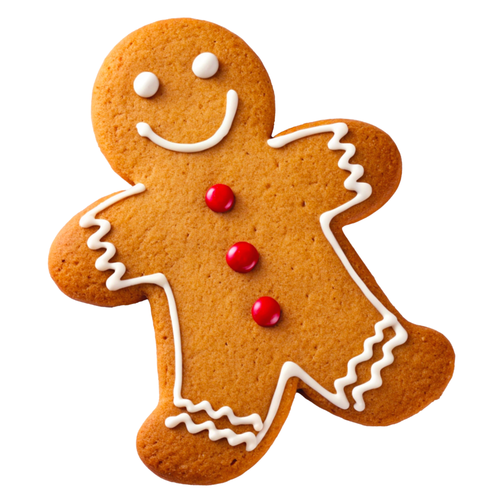 Gingerbread Man Cookie Decorated with Red Candy Buttons and White Icing png