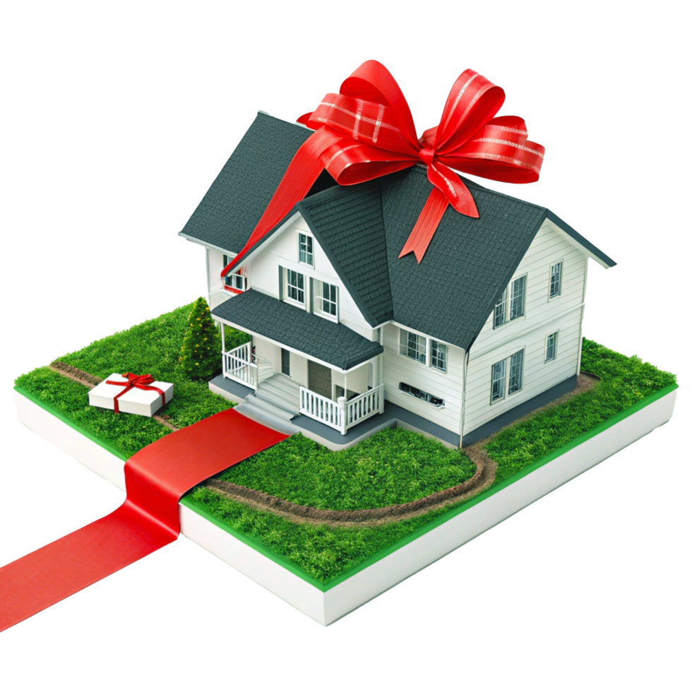 Miniature White House Model with Red Gift Bow and Green Lawn in 3D Rendering png