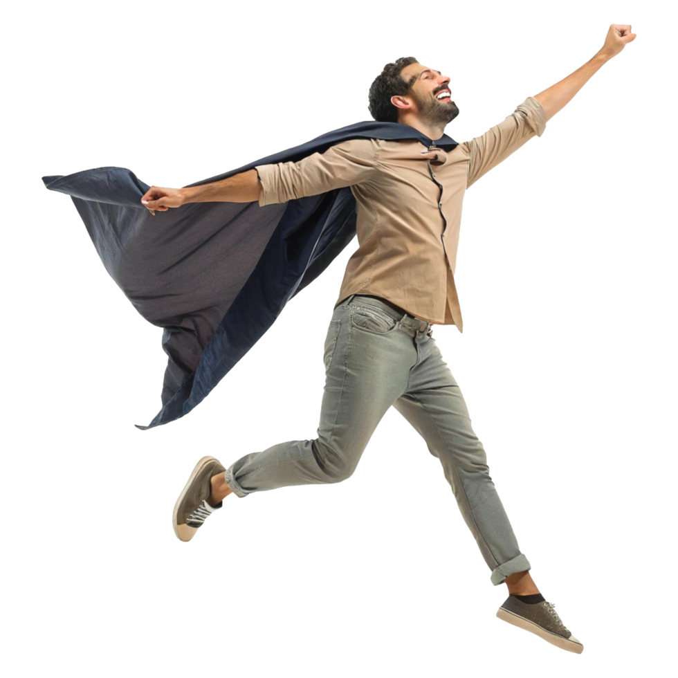 Exuberant Man Leaping in Beige Jacket and Dark Cape with Joyful Expression png