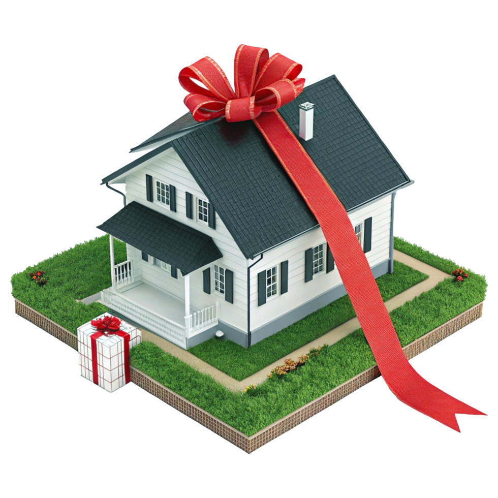 3D Model of White Suburban House with Large Red Gift Bow and Green Lawn png
