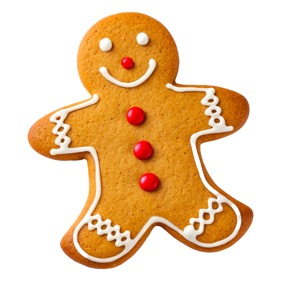 Gingerbread Man Cookie with Red Candy Buttons and White Icing Details png