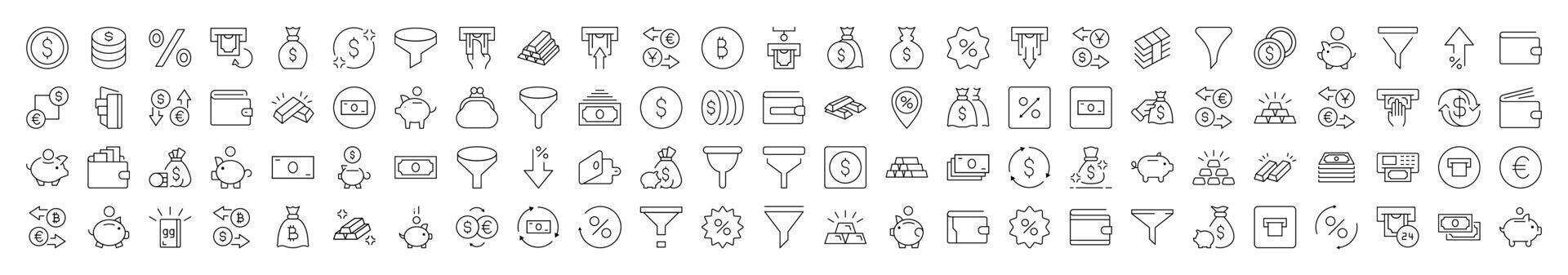 Money Exchange, Currency, Wallet, Bank, Funnel Icon Set for UI, Placards, Books, Apps. Editable Stroke. Suitable for Web Sites, Books, Cards, Apps vector