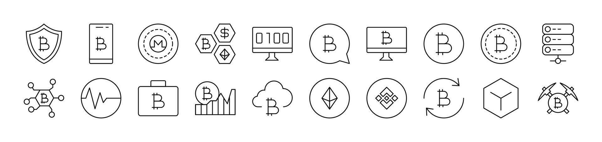 Cryptocurrency and Bitcoin Related Image Collection. Editable Stroke. Perfect for Infographics, Articles, Books, Flyers, Banners vector