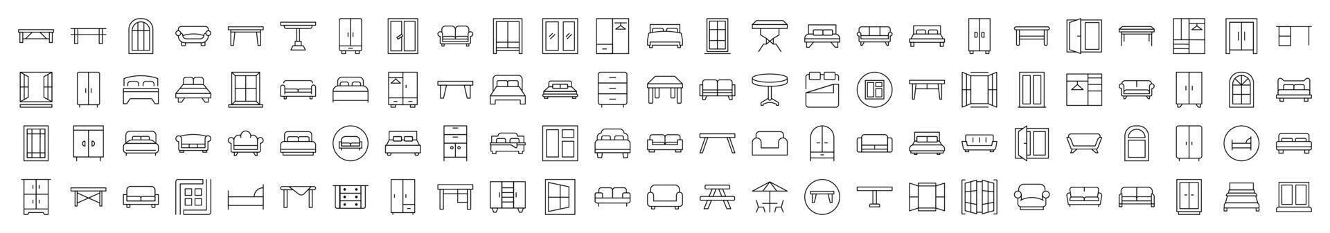Furniture Line Icon Pack. Modern Collection for Design, Web Sites, Apps, Cards. Contains Linear Images of Dresser, Couch, Sofa, Table, Window vector