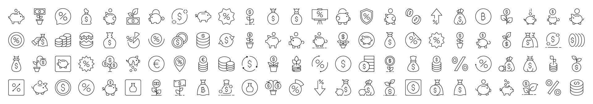 Finance Line Icon Bundle. Modern Collection for Design, Web Sites, Apps, Cards. Contains Linear Images of Piggy Bank, Percent, Coin, Tree Money vector