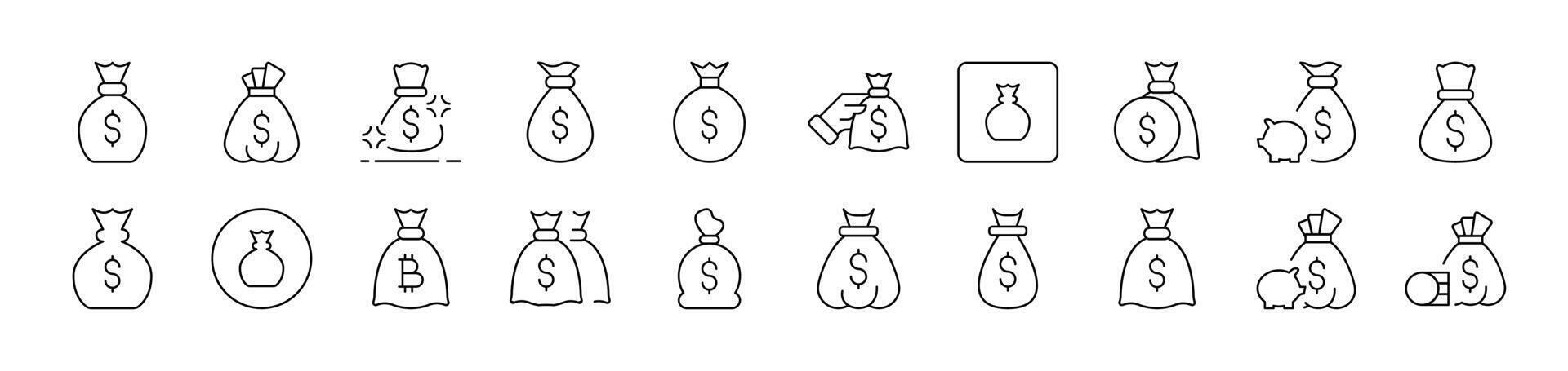 Money Bag Line Icon Collection. Editable Stroke. Perfect for Infographics, Articles, Books, Flyers, Banners vector