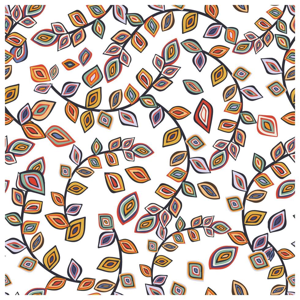 A vibrant pattern featuring various leaves in multiple colors against a clean white background. vector