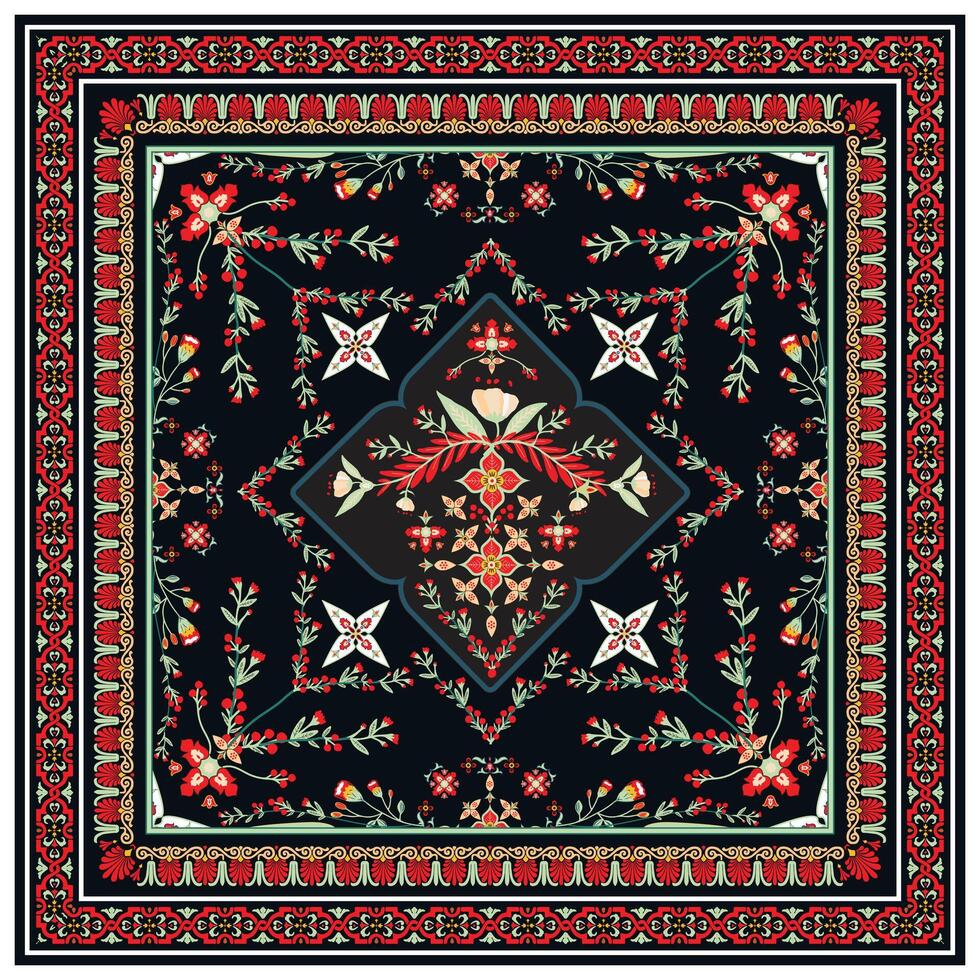 Ornate floral scarf print pattern on a black background with symmetrical design and intricate red border vector