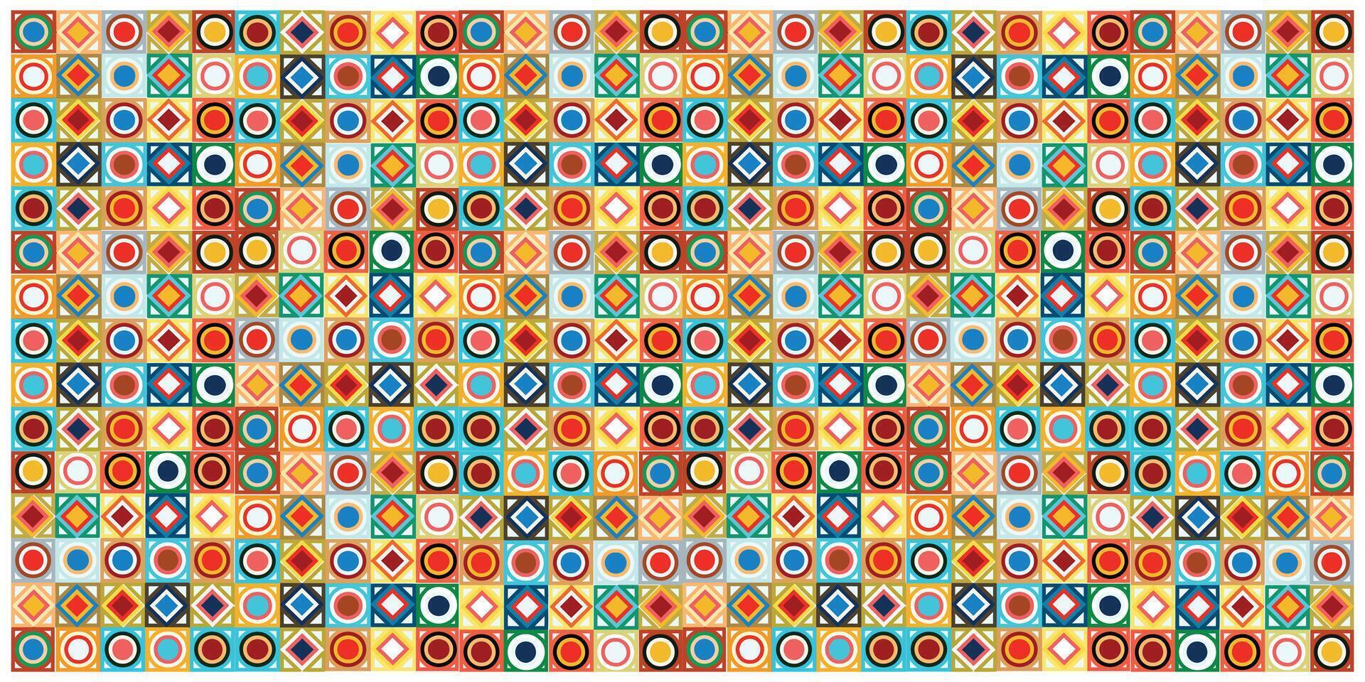 A vibrant design featuring an array of squares and circles in various colors, creating a lively geometric pattern. vector
