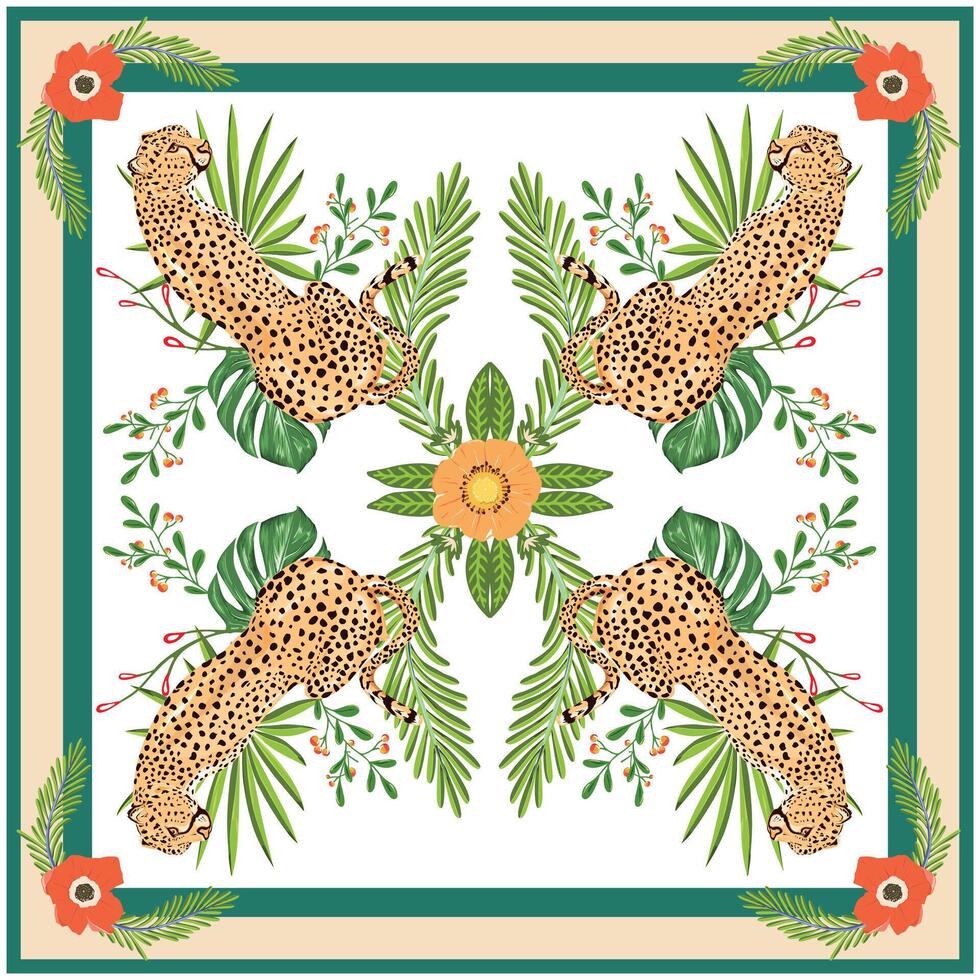 Symmetrical square scarf illustration of four leopards with floral accents on a framed background. vector