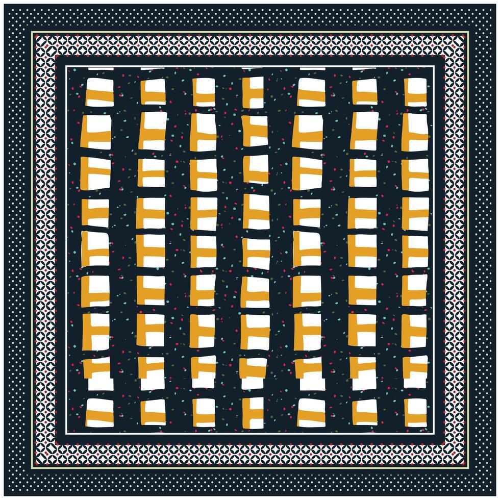 Traditional square print patterned rug with a dark background and symmetrical geometric shapes. vector