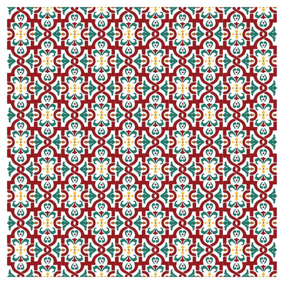 square repeat Intricate red, green, and white tile pattern with floral and geometric shapes. vector