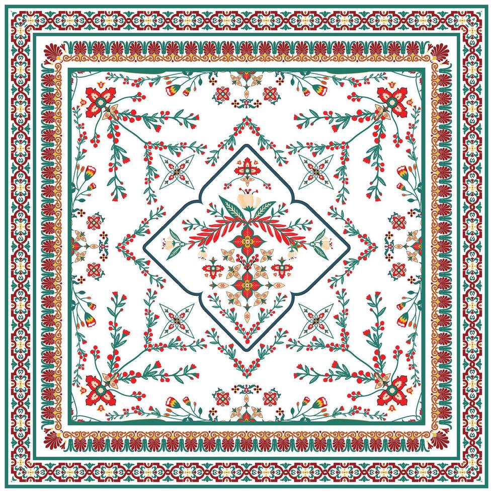 Intricate floral scarf print pattern with a symmetric design and decorative border on a square textile. vector