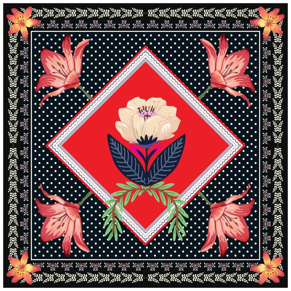 Colorful square scarf with a floral pattern and polka dots on a dark background with a red diamond center. vector
