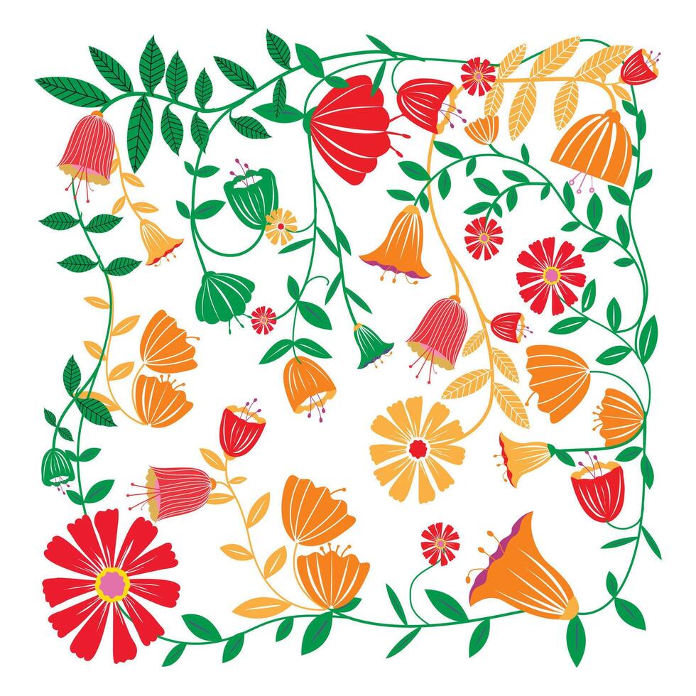 Square colorful flat design floral pattern with various flowers and leaves on a white background. vector